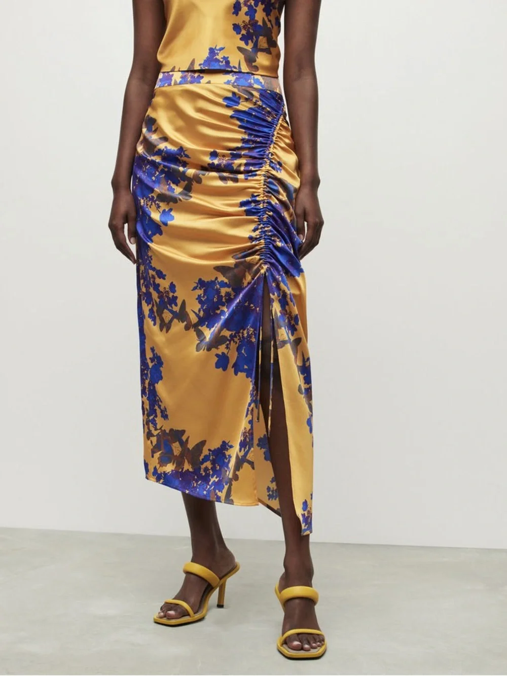 ALLSAINTS Carla Venetia Ruched Midi Skirt Gold Blue Floral Womens US 8 EUC